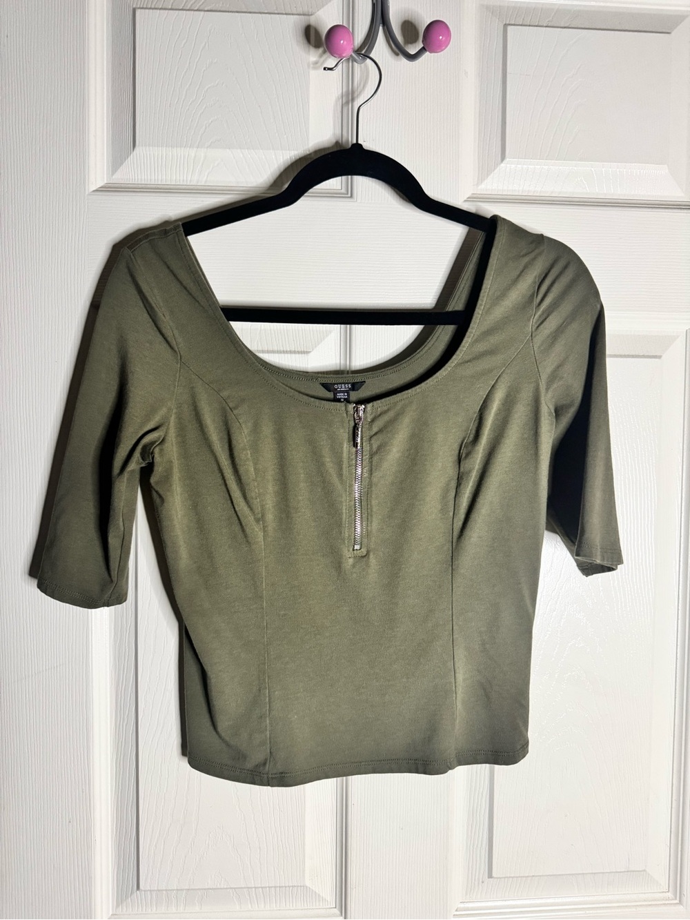Guess Olive Green Scoop Neck Zip-Front Crop Top